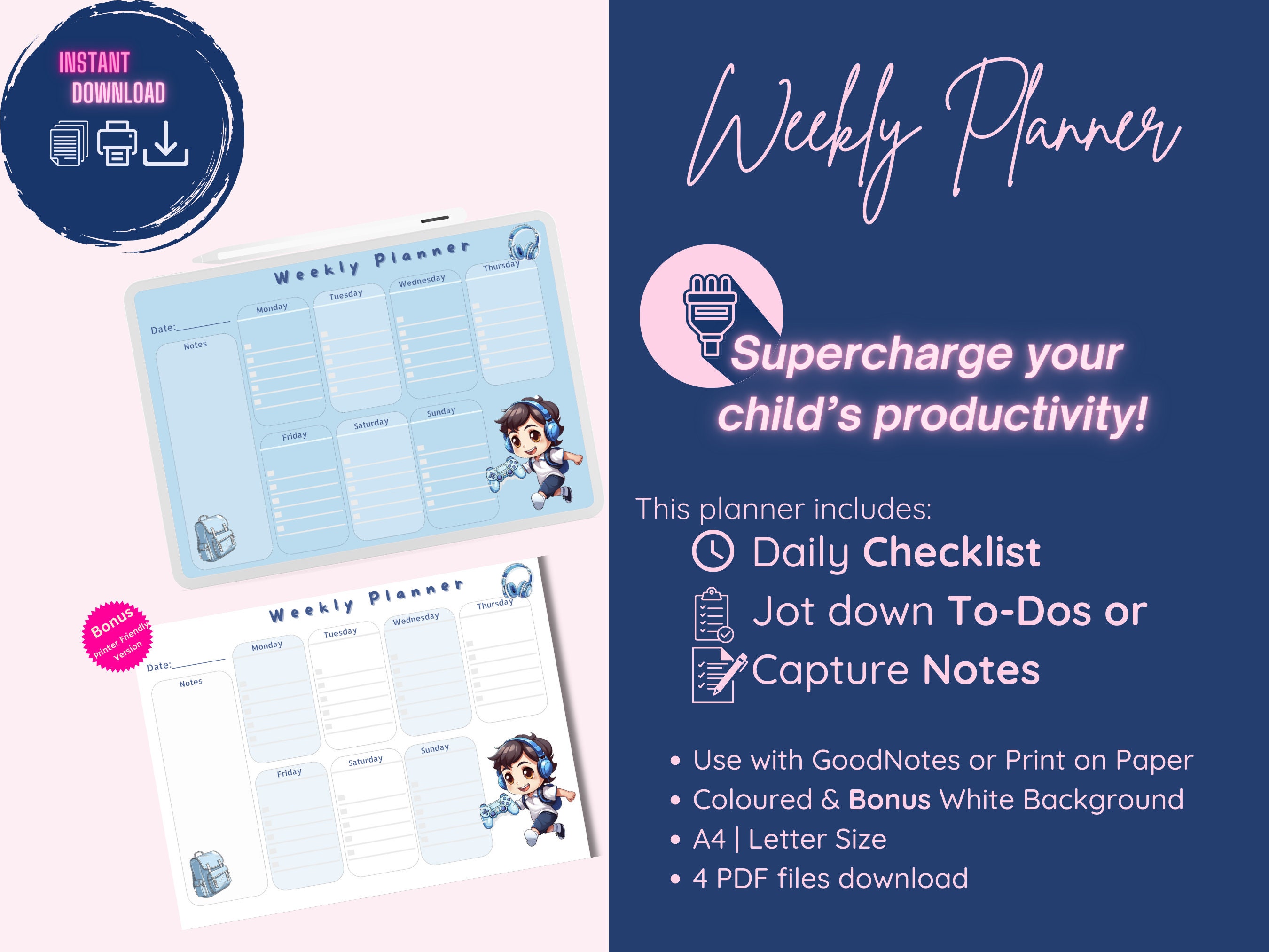 Kids Weekly Planner Printable | Gamer | Daily Checklist | Digital ...
