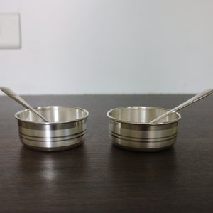 fine silver handmade small baby bowl silver, gifting silver utensils or silver vessel, silver temple puja article, India bowl and spoon set