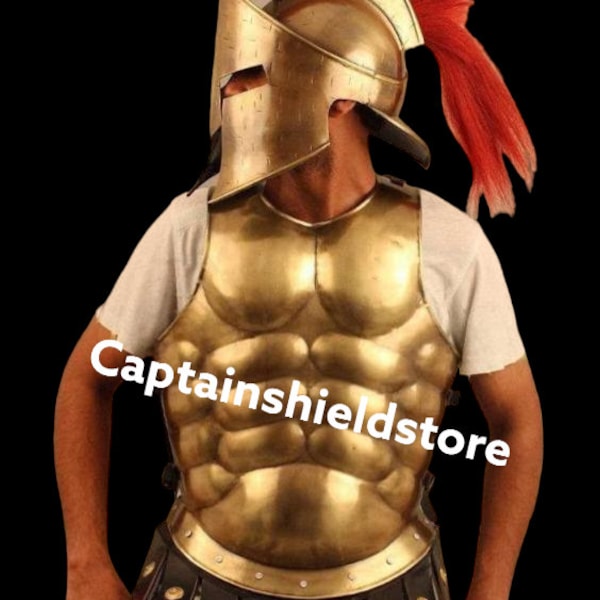 Muscle Jacket With Armour tassets Spartan Helmet, Halloween Medieval Greek Costumes, 300 Warrior king Leonidas Costume. halloween  costume.