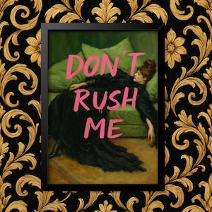 May include: A framed print featuring a woman in a black dress reclining on a green sofa. The pink text "DON'T RUSH ME" is spray-painted across the image. The frame is black, and the background is a black and gold floral pattern.