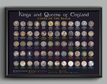 Kings and Queens of England Coins Educational Alfred to Elizabeth 2nd Wall Art Poster Print A4 and A3 size print Framed or Unframed