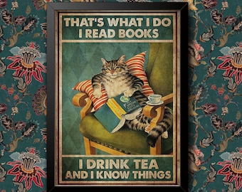 Poster con stampa di un gatto che legge libri e beve tè, decorazione murale vintage divertente, con o senza cornice, regalo per amanti dei libri, amanti del tè, cucina