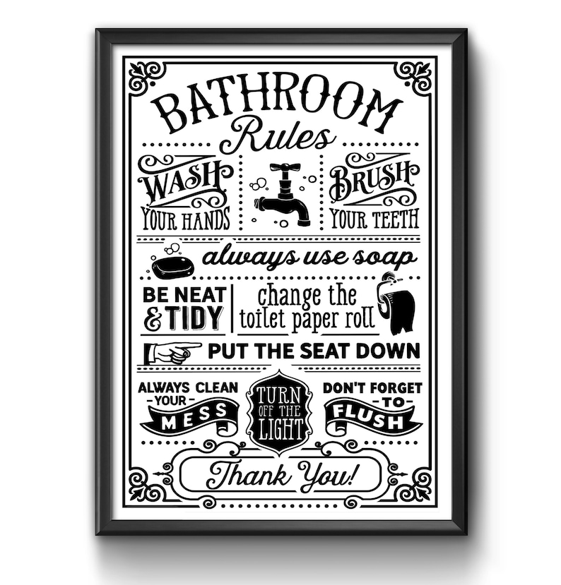Bathroom Rules funny Wall Art insperational Guide Poster A4 and A3 size Sign print Framed or Unframed ideal for students or children
