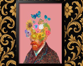 Surreal floral portrait, post-impressionist wall art print Van Gough Style