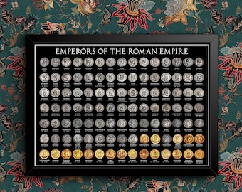 Poster delle monete degli imperatori romani con date di regno e busti / Stampa artistica educativa da parete / Varie dimensioni / Con cornice o senza cornice / Rilevamento di metalli