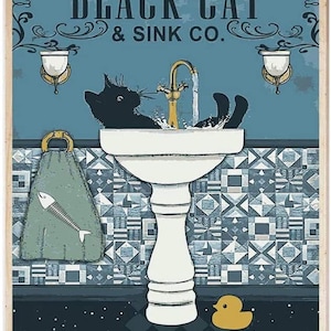 Zwarte kat Was je poten Poster Badkamer Decoratie Print Dierenfoto Vintage Wall Art Toilet Toilet Home Decor A4/A3 Ingelijst / Niet ingelijst afbeelding 3
