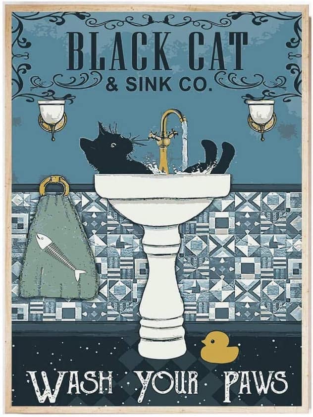 Black Cat Wash Your Paws Poster Bathroom Decoration Print Animal Picture Vintage Wall Art Toilet Restroom Home Decor A4/A3 Framed / Unframed