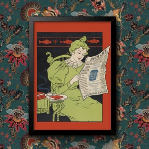 May include: A vintage advertisement for High Life Java and Mocha Coffee. The ad features a woman in a green dress reading a newspaper with the headline "High Life". The text on the newspaper advertises the coffee and mentions "Winslow Rand & Watson".