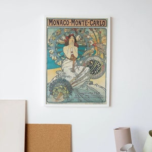 Vintage Travel Monaco Monte Carlo 1897, Alphonse Mucha, Reproduction 250gsm A4 & A3 Art Nouveau  Poster Print Framed Unframed Home Decor