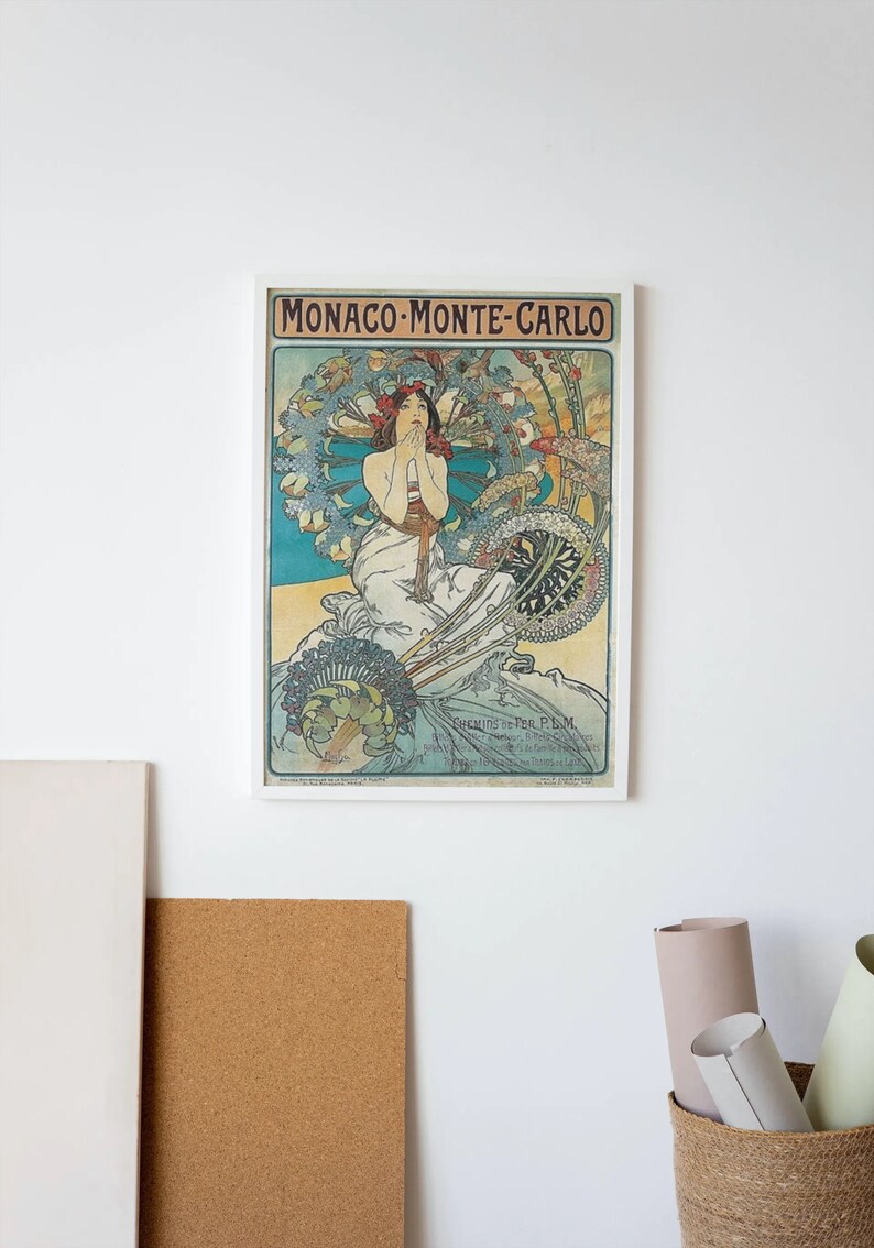 Vintage Travel Monaco Monte Carlo 1897, Alphonse Mucha, Reproduction 250gsm A4 & A3 Art Nouveau  Poster Print Framed Unframed Home Decor