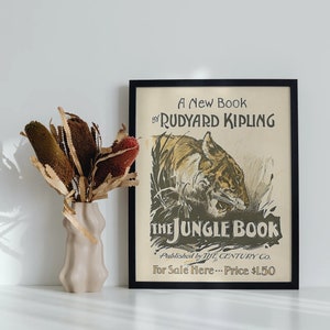 Impresión de libro infantil del siglo XIX de El libro de la selva vintage, imagen de animales, decoración de pared vintage, decoración del hogar, tamaño A4/A3, enmarcado o sin marco