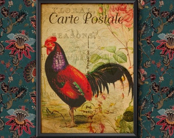 Vintage French Rooster Carte Postale Wall Art Poster A4 and A3 size Sign print Framed or Unframed