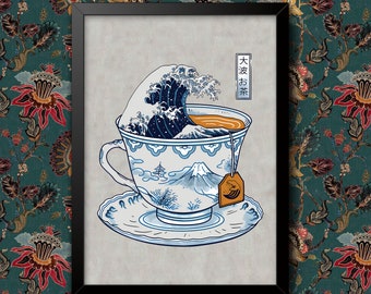 Vintage effect Great Wave off Kanagawa Storm in a teacup Japanese Hokusai Wall Art Poster A4 and A3 size print Framed or Unframed