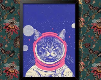 Poster del gatto astronauta nello spazio: decorazione vintage per il bagno.