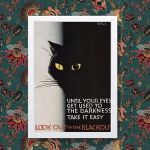 Puede incluir: Póster vintage en blanco y negro con un gato negro asomándose desde la oscuridad. El póster dice "Until your eyes get used to the darkness take it easy Look out in the blackout."
