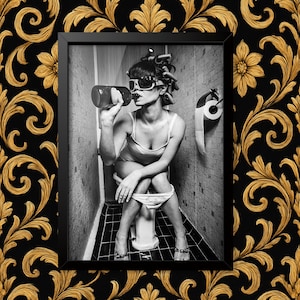 Girl on toilet drinking funny Wall Art Poster Home Decor Sign print Various sizes Framed or Unframed ideal for students or children