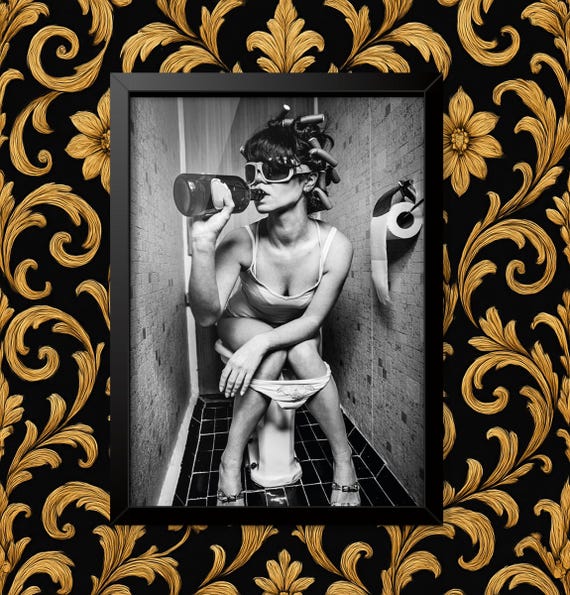 Girl on toilet drinking funny Wall Art Poster Home Decor Sign print Various sizes Framed or Unframed ideal for students or children