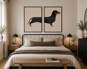 dachshund double art print, vintage wall poster, retro home decor