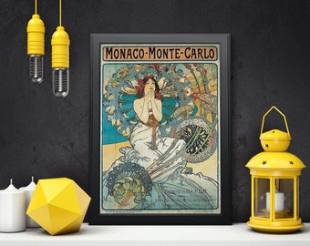 Vintage Travel Monaco Monte Carlo 1897, Alphonse Mucha, Reproduction 250gsm A4 & A3 Art Nouveau  Poster Print Framed Unframed Home Decor