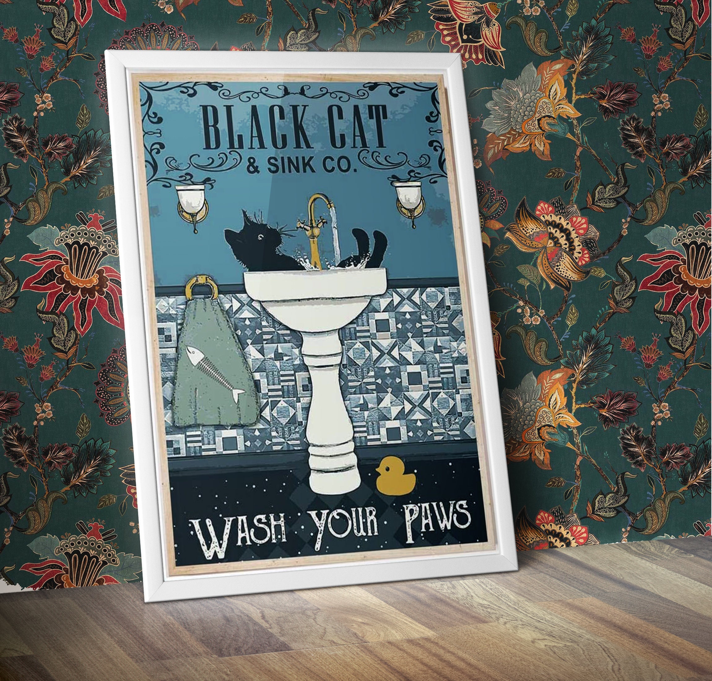 Black Cat Wash Your Paws Poster Bathroom Decoration Print Animal Picture Vintage Wall Art Toilet Restroom Home Decor A4/A3 Framed / Unframed