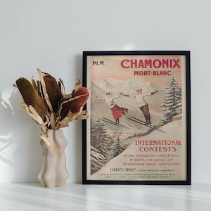 Vintage Travel France Chamonix Mont-Blanc and Winter Sports 1900's Gloss A5 A4 & A3 Vintage Art Nouveau Travel Poster Framed or Unframed