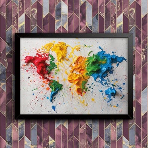 May include: A framed painting of a world map painted in vibrant colors of red, orange, yellow, green, blue, and purple. The paint is splattered around the map, creating a dynamic and artistic effect.