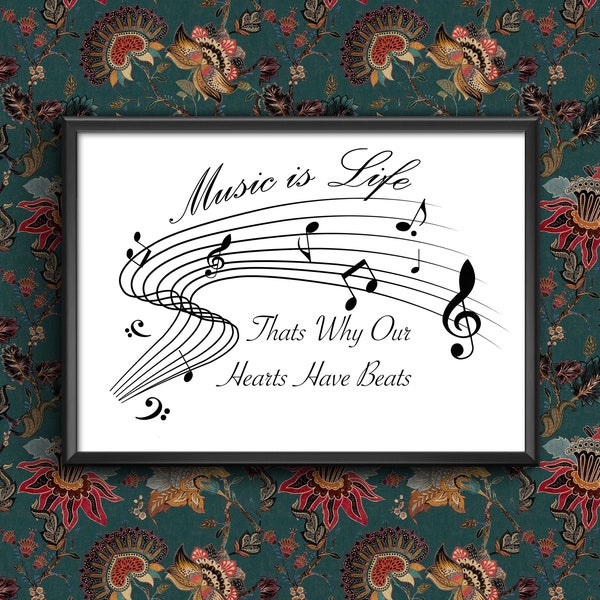 Music is life thats why our hearts have beats Wall Art Poster A4 and A3 size print Framed or Unframed