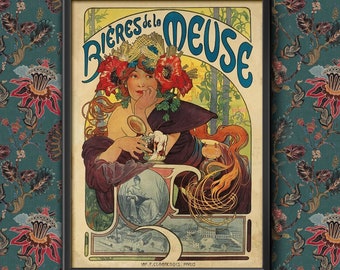 Vintage Beers Wines and Spirits Bieres de la Meuse France, 1897, Alphonse Mucha A4/A3 size print Framed/Unframed Wall Art Home Decoration
