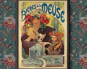 Vintage Biere, Weine und Spirituosen Bieres de la Meuse Frankreich, 1897, Alphonse Mucha A4 / A3 Größe Druck gerahmt / ungerahmt Wand Kunst Dekoration