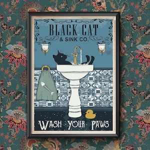 Poster Chat noir, lave-toi les pattes, décoration de salle de bain, impression d'image d'animal, art mural vintage, toilettes, décoration d'intérieur, A4/A3 encadré/sans cadre