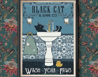 Black Cat Wash Your Paws Poster Bathroom Decoration Print Animal Picture Vintage Wall Art Toilet Restroom Home Decor A4/A3 Framed / Unframed