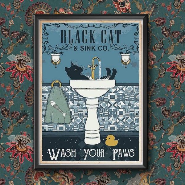 Black Cat Wash Your Paws Poster Bathroom Decoration Print Animal Picture Vintage Wall Art Toilet Restroom Home Decor A4/A3 Framed / Unframed