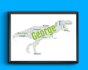 Boys Girls Dinosaur T-Rex Word Art personalised with up to 25 words of your choice, any words any colour A4/A3 size print Framed/Unframed