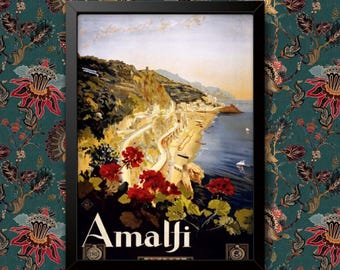 Vintage 1920's Italian Italy Amalfi Salerno Railway Travel Poster Wall Art print Various Sizes Framed or Unframed