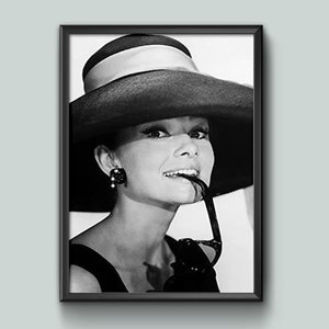 Poster Print Beauty: Audrey Hepburn Black White Art Deco, Fashion Wall Decor, Framed or Unframed, Various Sizes