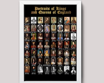 Kings and Queens of England Portraits Educational Alfred to Elizabeth 2nd Wall Art Poster Print Various size print Framed or Unframed