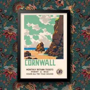 May include: A vintage travel poster advertising Cornwall, England. The poster features a colorful illustration of a rocky coastline with a beach and people. The text on the poster reads "Cornwall, Monthly Return Tickets - Penny a Mile - Issued All The Year Round, GWR".
