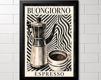 Italian Coffee Wall Art Print, Buongiorno Espresso Poster, Moka Pot Kitchen Decor, Black and White Café Artwork
