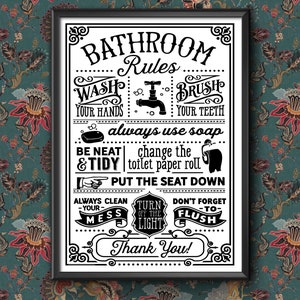 Bathroom Rules funny Wall Art insperational Guide Poster A4 and A3 size Sign print Framed or Unframed ideal for students or children