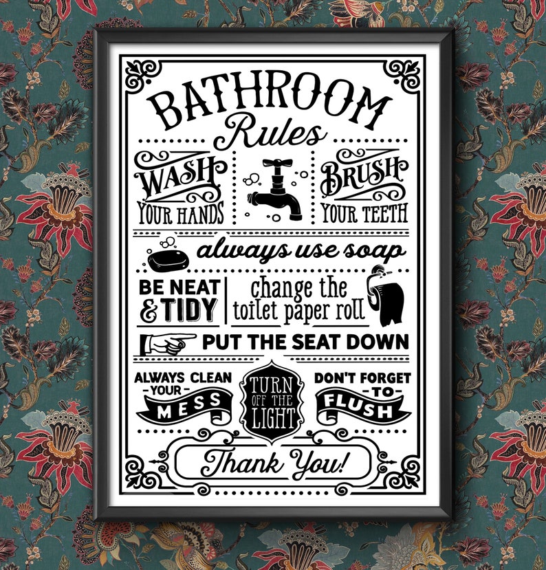 Bathroom Rules funny Wall Art insperational Guide Poster A4 and A3 size Sign print Framed or Unframed ideal for students or children