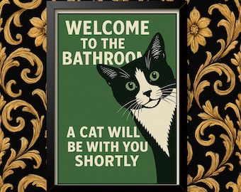 Black Cat Welcome to the Poster Bathroom Decoration Print Animal Picture Vintage Wall Art Toilet Restroom Home Decor A4/A3 Framed / Unframed