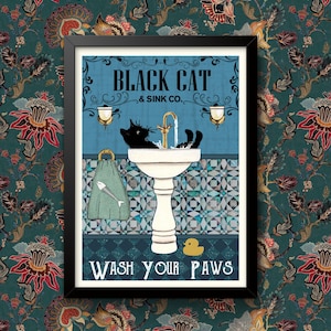 Black Cat Wash Your Paws Poster Bathroom Decoration Print Animal Picture Vintage Wall Art Toilet Restroom Home Decor A4/A3 Framed / Unframed
