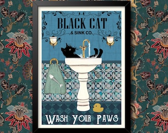 Poster Chat noir, lave-toi les pattes, décoration de salle de bain, impression d'image d'animal, art mural vintage, toilettes, décoration d'intérieur, A4/A3 encadré/sans cadre