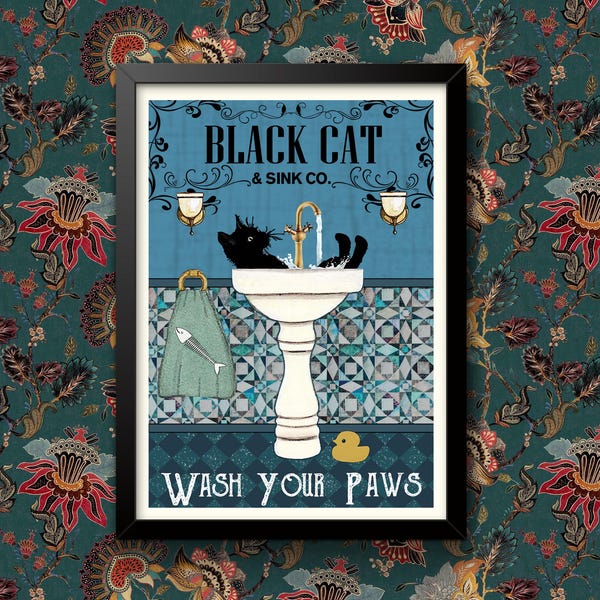 Black Cat Wash Your Paws Poster Bathroom Decoration Print Animal Picture Vintage Wall Art Toilet Restroom Home Decor A4/A3 Framed / Unframed