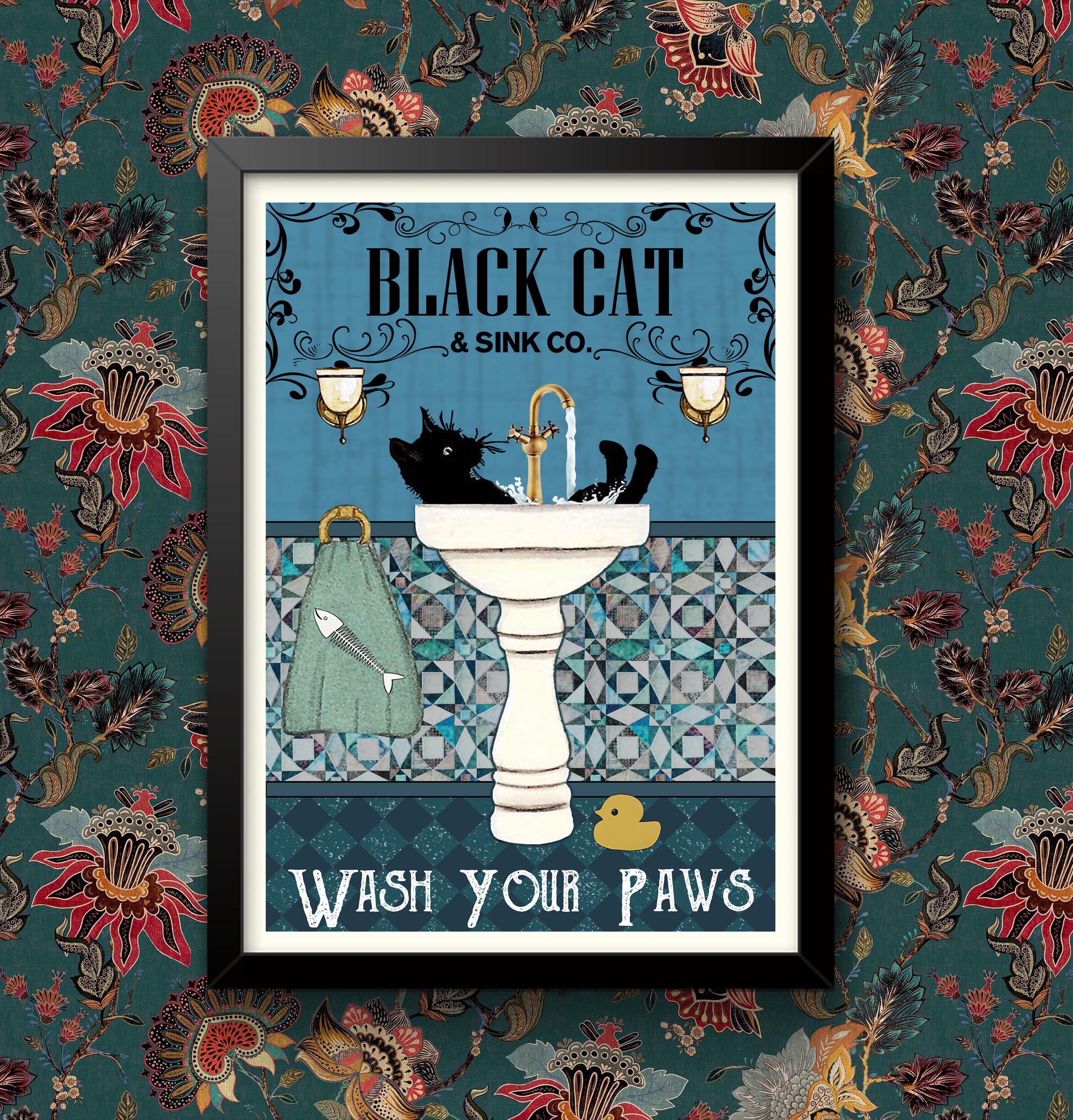 Black Cat Wash Your Paws Poster Bathroom Decoration Print Animal Picture Vintage Wall Art Toilet Restroom Home Decor A4/A3 Framed / Unframed