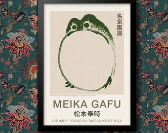 Vintage Meika Gafu Grumpy Toads 2 tentoonstelling Japanse Hokusai Wall Art Poster A4 en A3 formaat print ingelijst of ingelijst