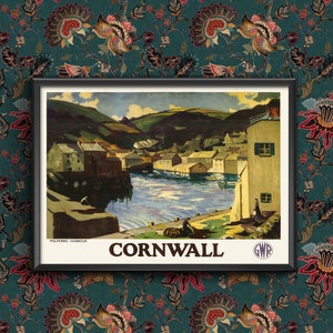 May include: A vintage travel poster advertising a trip to Cornwall, England. The poster features a colorful painting of a harbor with boats and buildings. The text on the poster reads "Polperro Harbour, Cornwall, GWR".