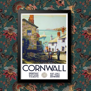 May include: A vintage travel poster advertising Cornwall with a colorful illustration of a seaside village and the text "Cornwall, Monthly Return Tickets, GWR, Any Day Any Train Anywhere".