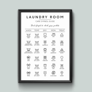 May include: A black and white laundry care symbol guide poster with the title "Laundry Room" and the text "Care Symbol Guide". The poster includes a table with the headings "Wash", "Temp", "Dry", "Iron", and "Treat". Each row of the table shows a different laundry care symbol with a corresponding description and temperature.