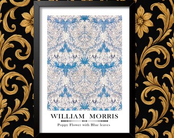 William Morris Art Print Poppy Flowers with Blue Leaves, Vintage English Countryside Framed or Unframed Wall Decor